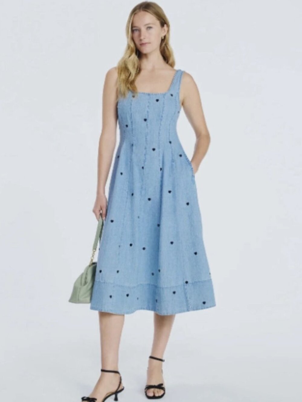 Free Assembly Women's Embroidered Hearts Soft Denim Panel Midi Dress Size M NEW